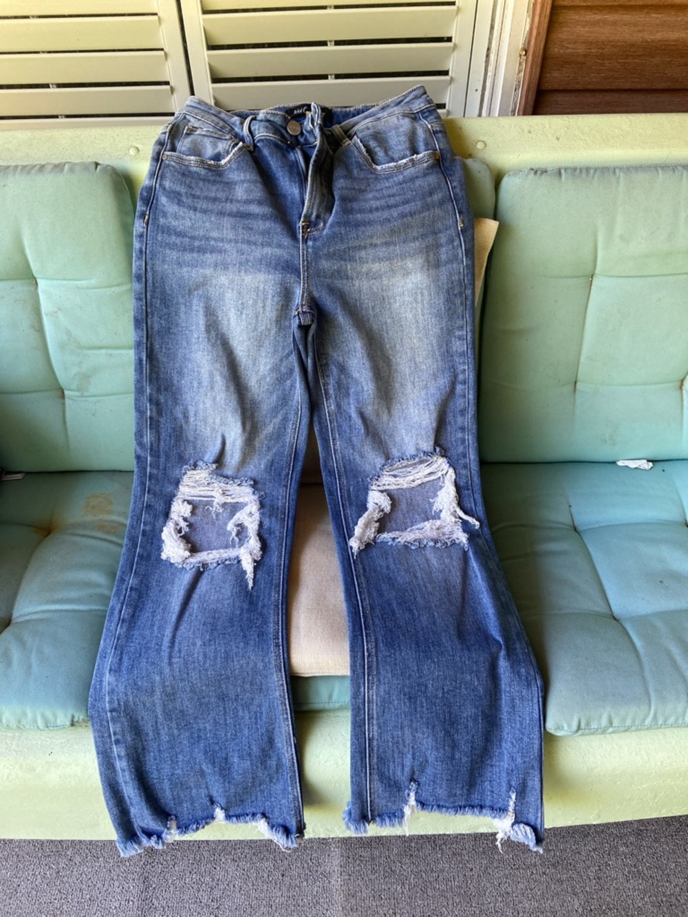 High-Rise Distressed Wide-Leg Jeans in Blue